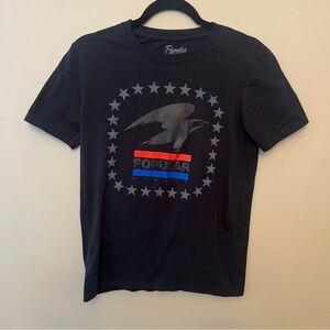 Popular Demand Men’s Black Tee Shirt with Eagle Stars Blue and Red Stripe Small